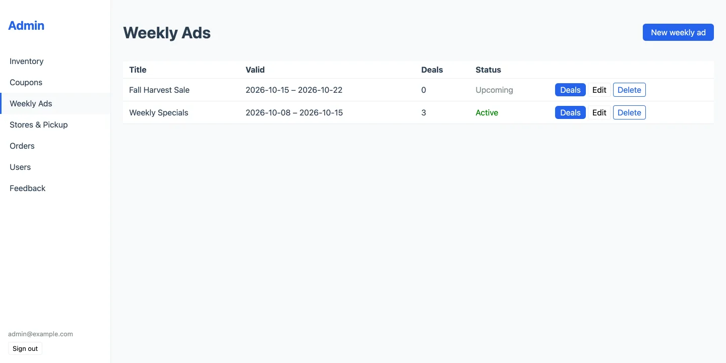 Weekly ads list with dates, number of deals and status