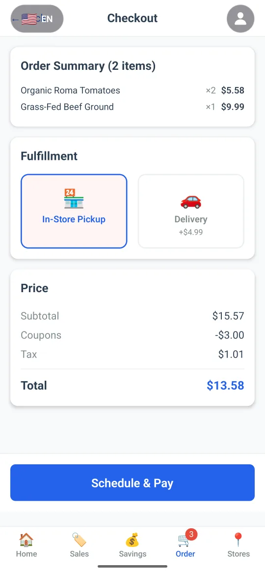 Checkout with order summary, pickup or delivery choice and a price breakdown including coupons
