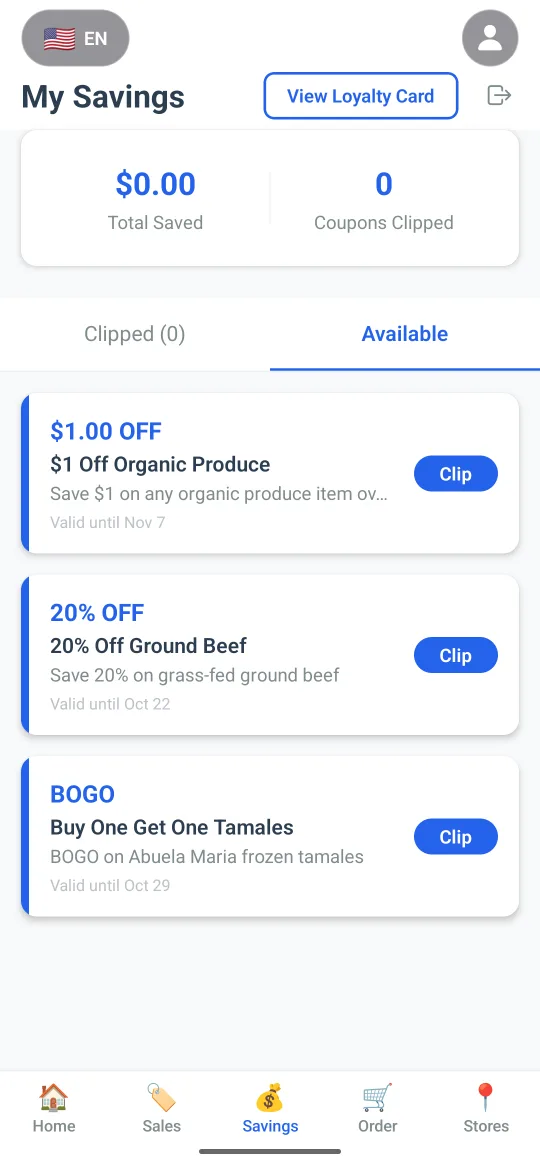 Available coupons, each with a Clip button and an expiry date
