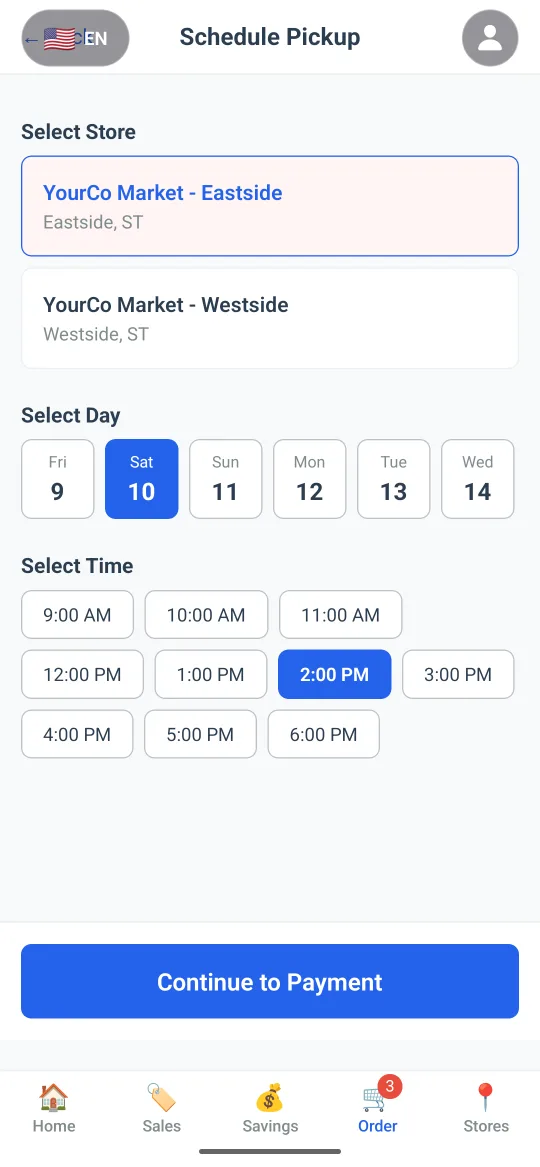 Pickup scheduling with store, day and time slot selected