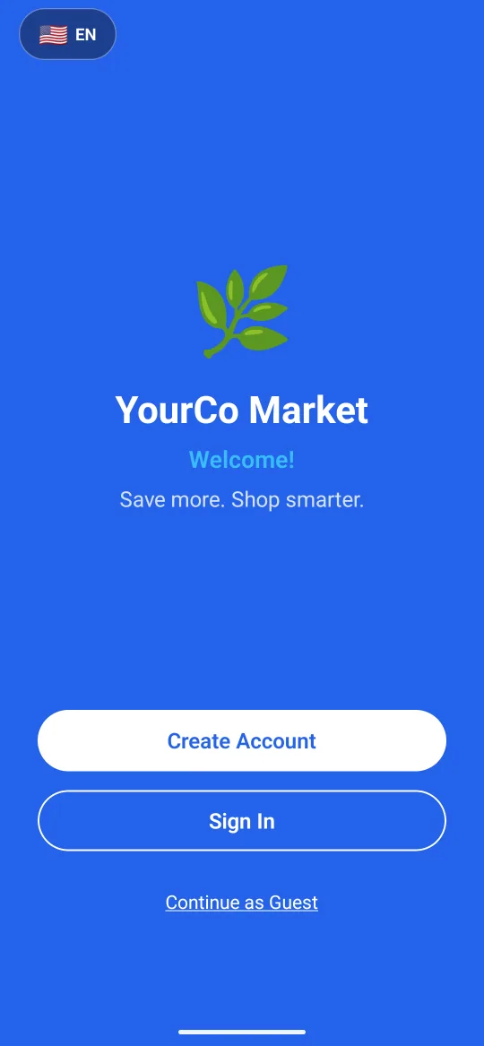 Welcome screen with Create Account, Sign In and Continue as Guest options