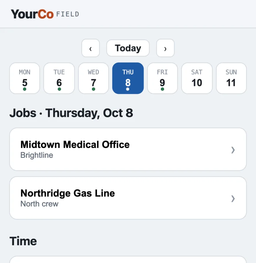 Mobile field app showing the week and the day's jobs for a crew member