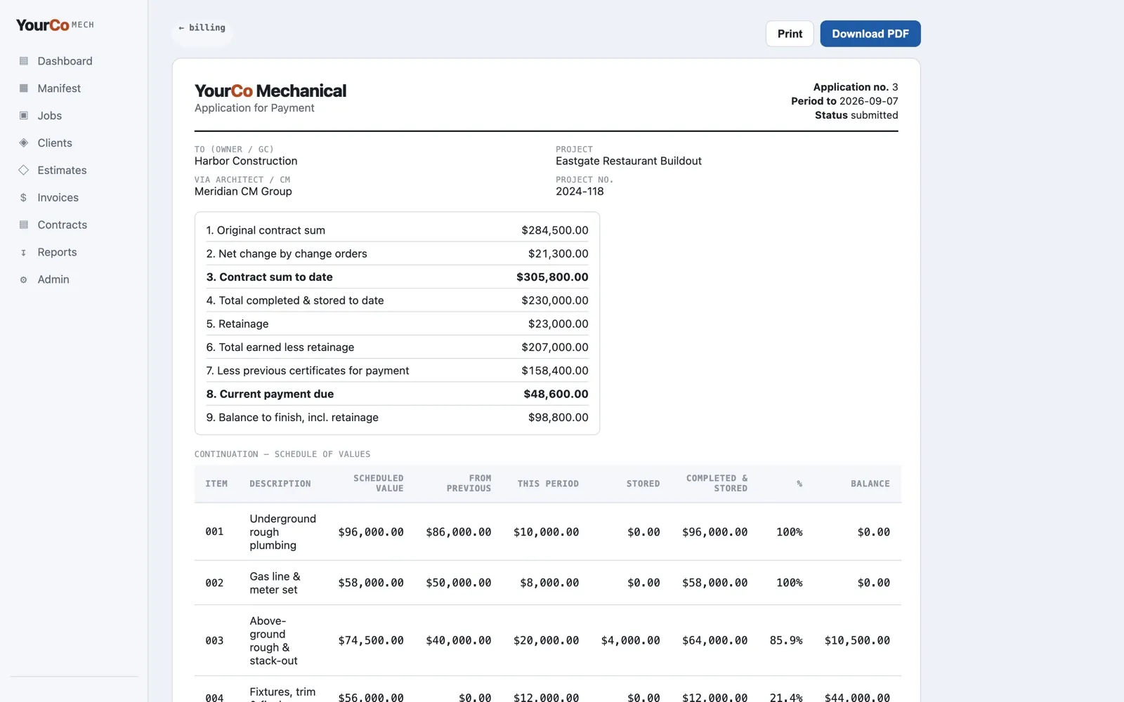 AIA application for payment with original contract, change orders, retainage and schedule of values