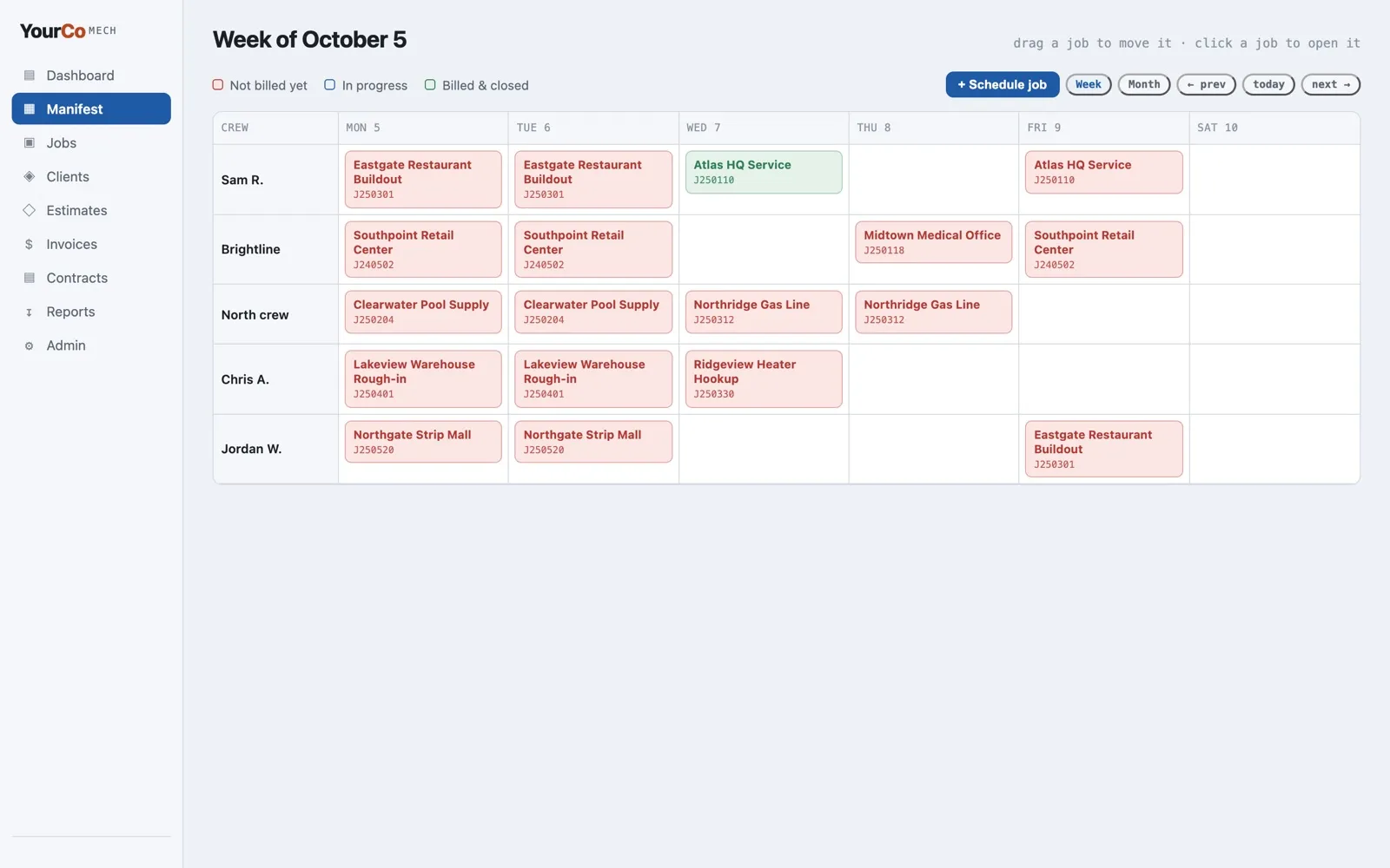 Drag-and-drop crew schedule for the week, color-coded by billing status