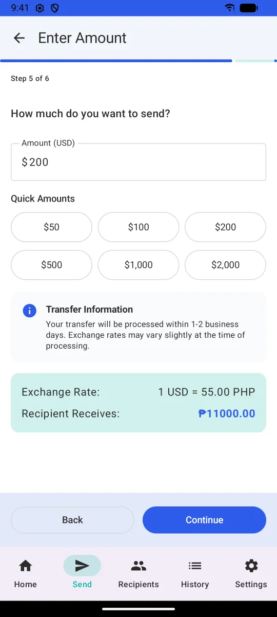 Amount entry with quick amounts, exchange rate and amount received