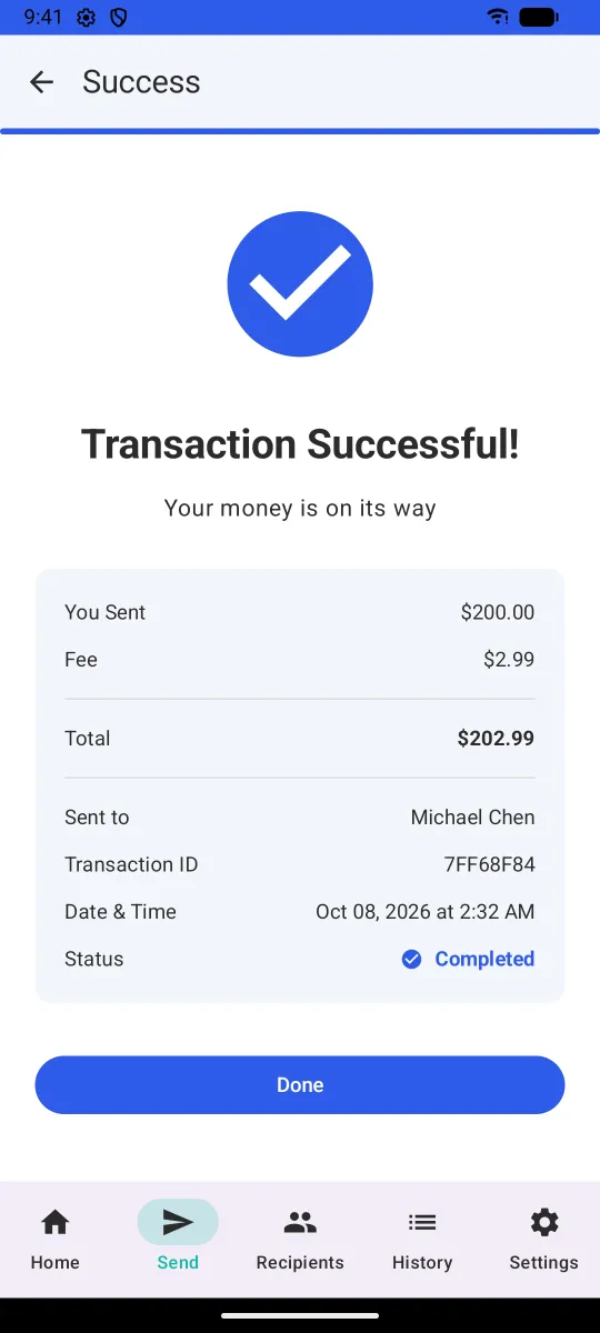 Confirmation screen with transfer summary and transaction reference